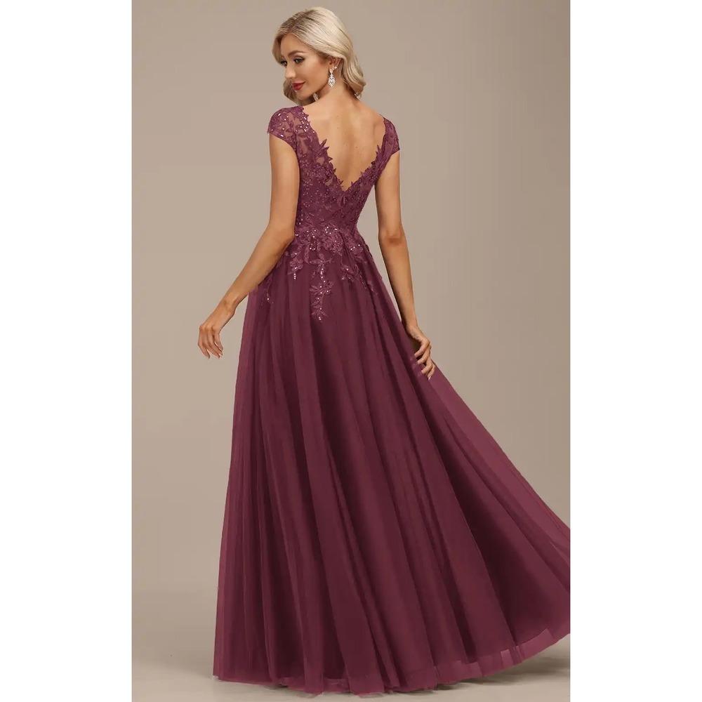 JJ's House Burgundy Lace Sequin Tulle A-Line Evening Gown Prom Dress - Picture 2 of 5